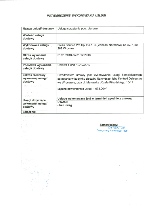 Bestätigung der Reinigungsleistung für ein Bürogebäude der Obersten Kontrollkammer Polens