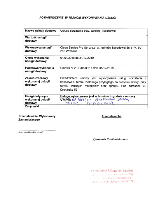 Bestätigung der Reinigungsleistung für Schul- und Sportflächen durch Clean Service Pro