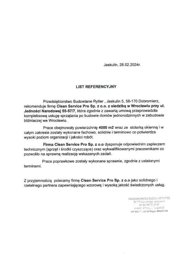 Referenzschreiben des Bauunternehmens Rytter für Clean Service Pro zur Reinigung nach dem Bau von Häusern in Wrocław